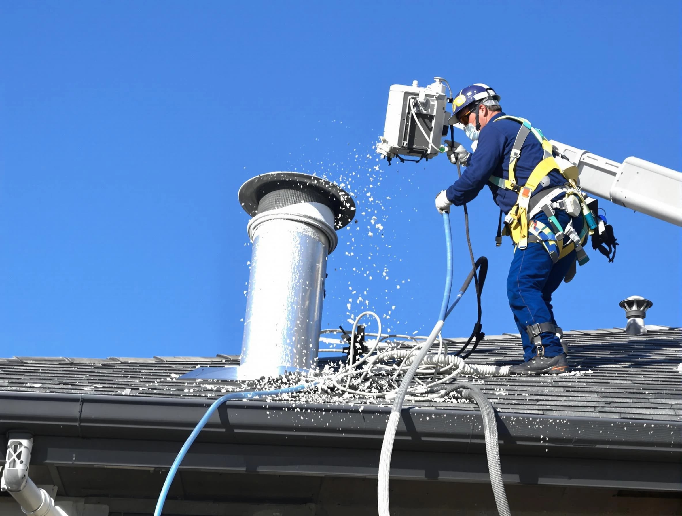 Roswell Dryer Vent Cleaning certified technician safely cleaning a roof-mounted dryer vent in Roswell