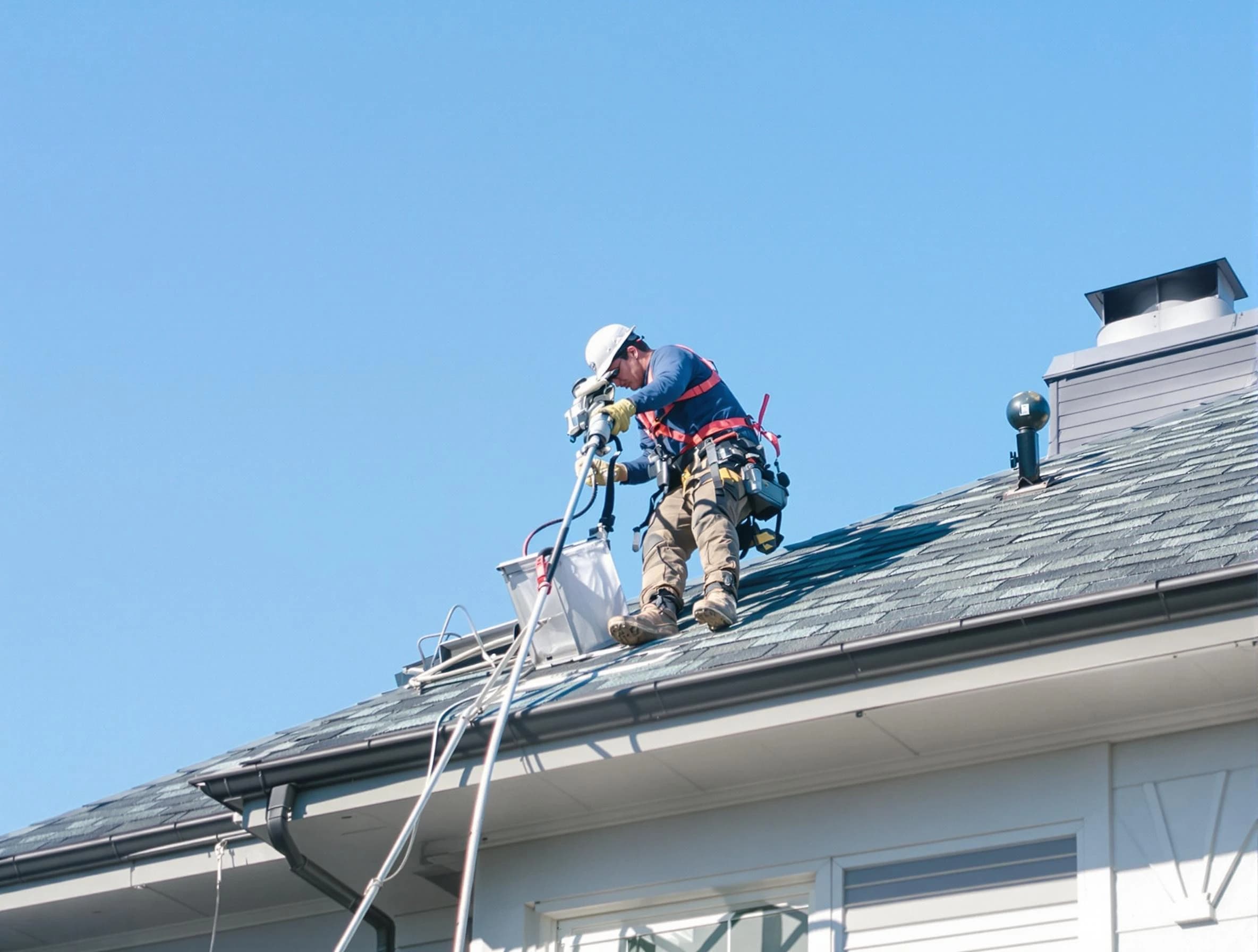 Roswell Dryer Vent Cleaning certified technician cleaning a roof-mounted dryer vent system in Roswell