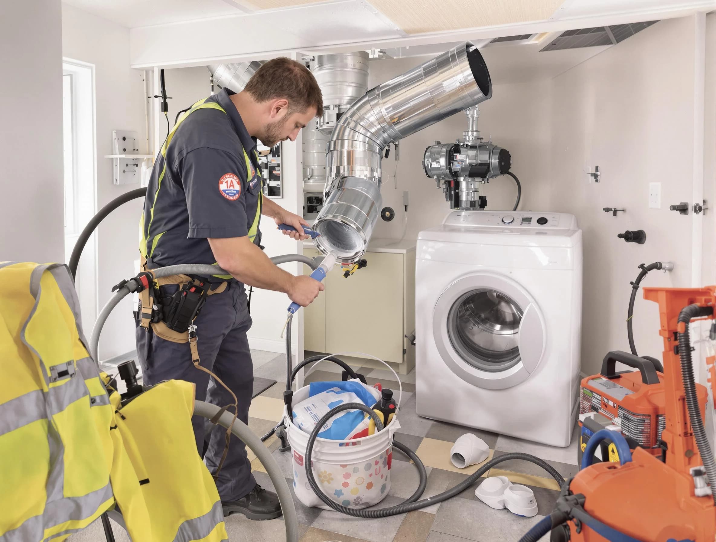 Roswell Dryer Vent Cleaning technician using specialized equipment to clear severe dryer vent blockage in Roswell
