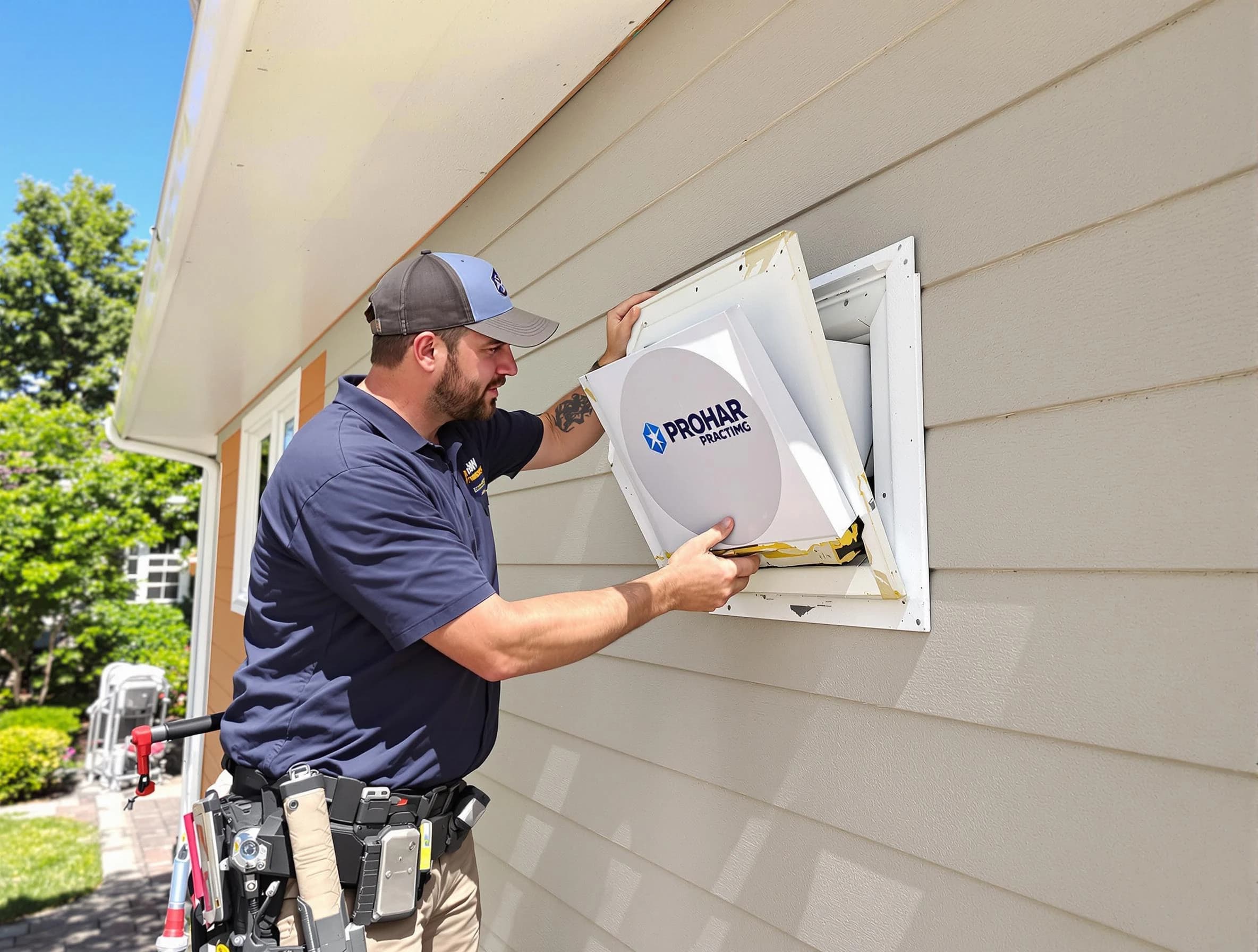 Roswell Dryer Vent Cleaning technician installing a new protective dryer vent cover on a home in Roswell