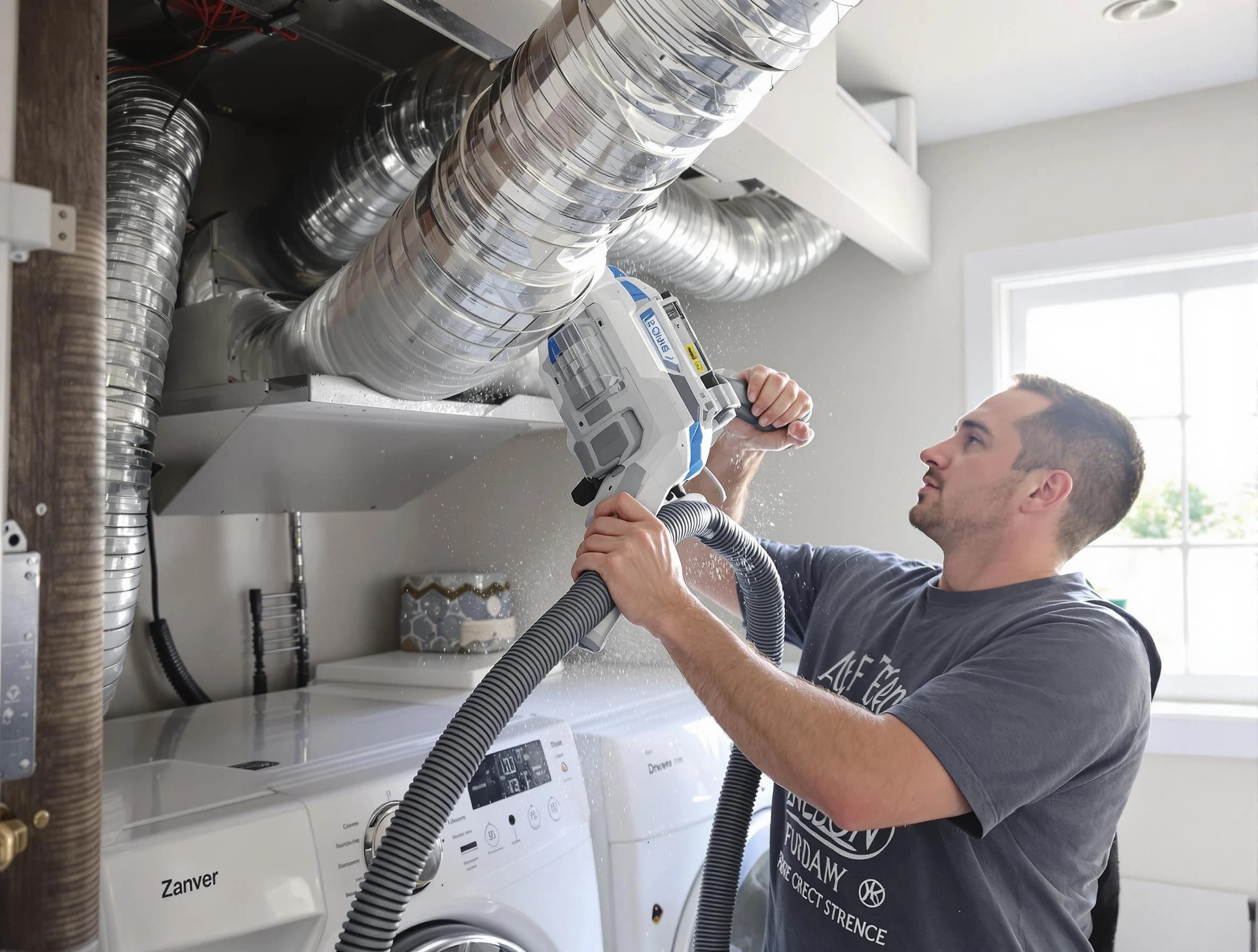Roswell Dryer Vent Cleaning specialist cleaning deep within a dryer vent duct system in Roswell