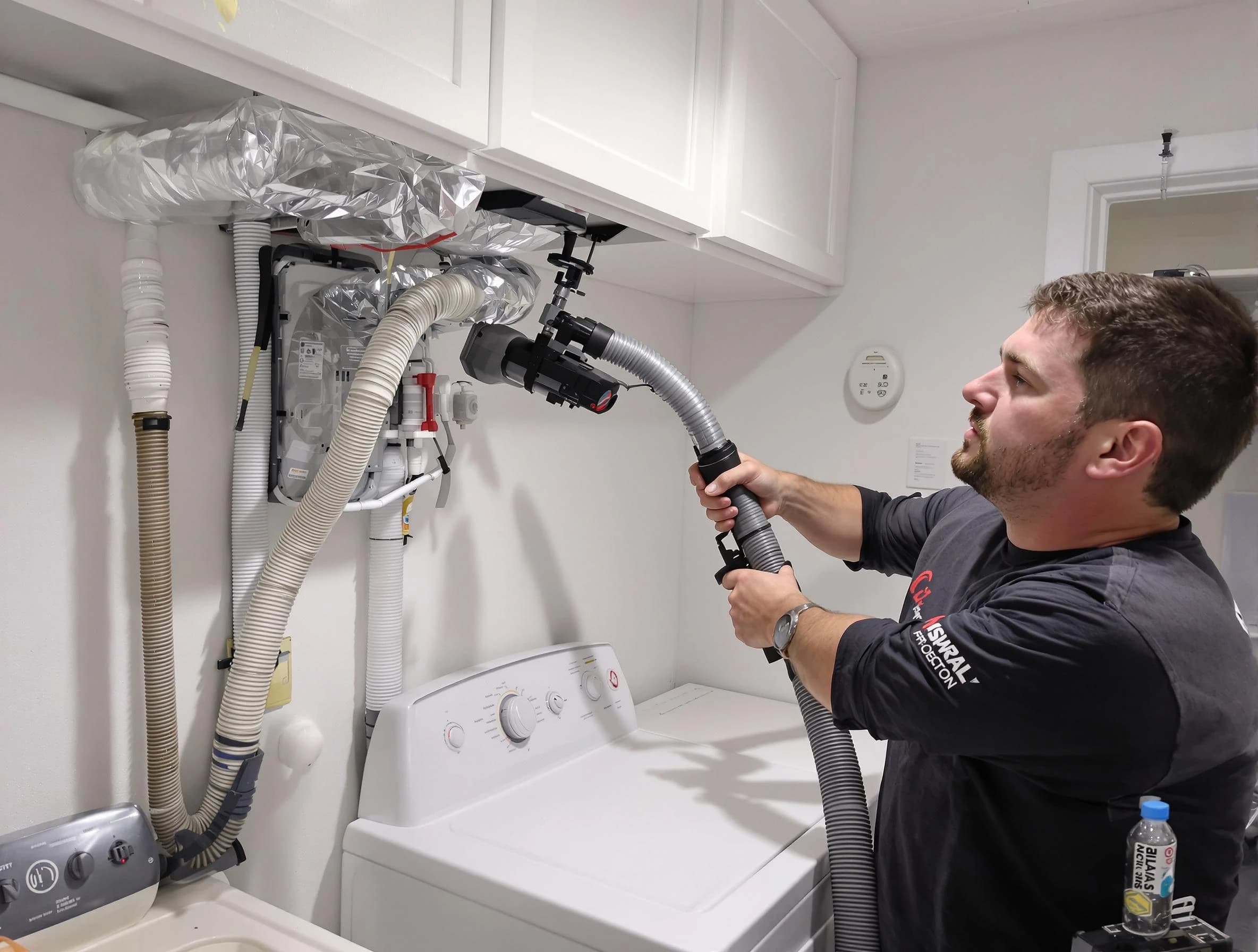Roswell Dryer Vent Cleaning certified technician performing safety-focused gas dryer vent cleaning in Roswell