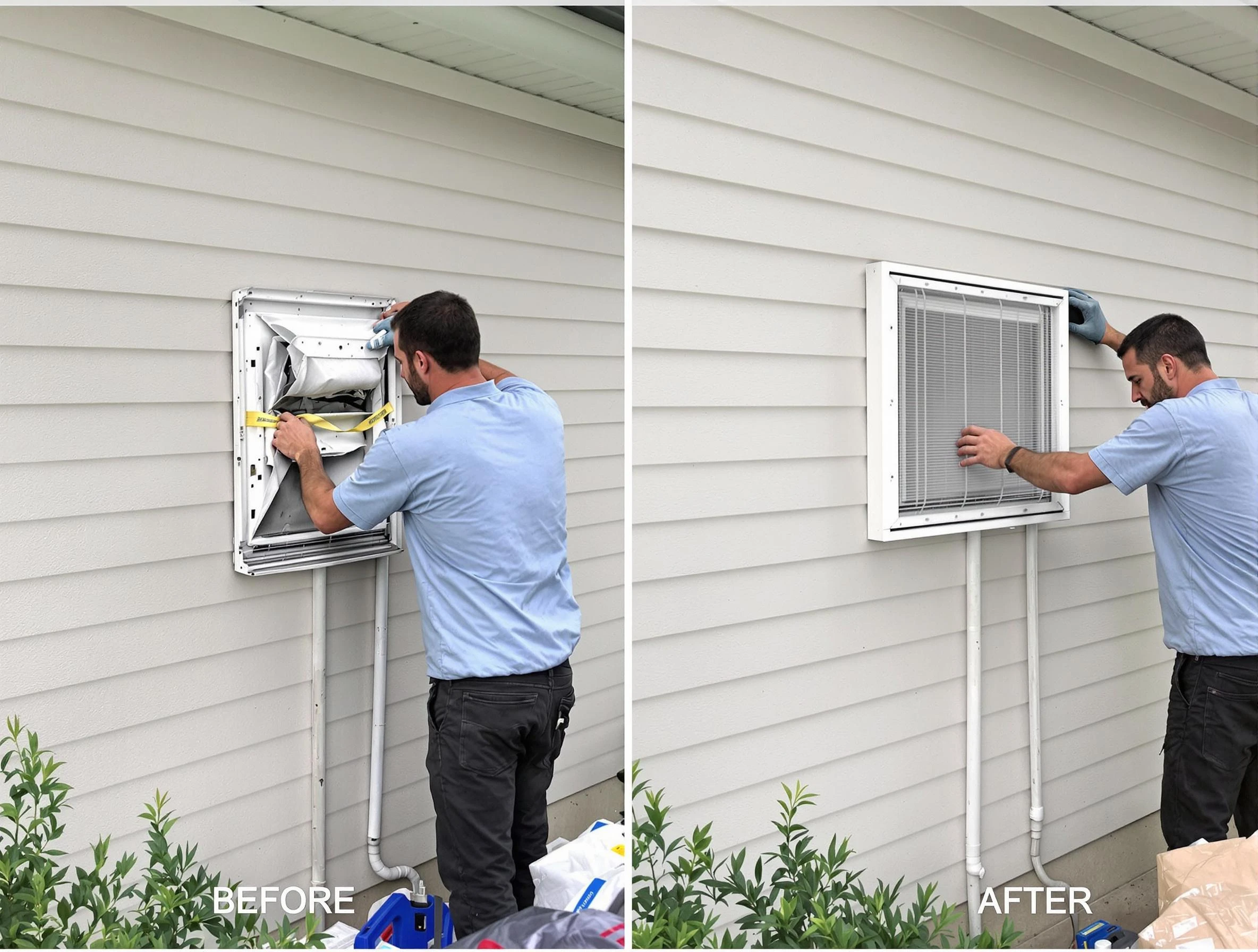Roswell Dryer Vent Cleaning technician installing high-quality dryer vent cover at a residential property in Roswell